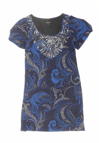 Marks and Spencer Womens Blue Geometric Polyester A-Line Size 10 Round Neck Zip - Sequin Detail