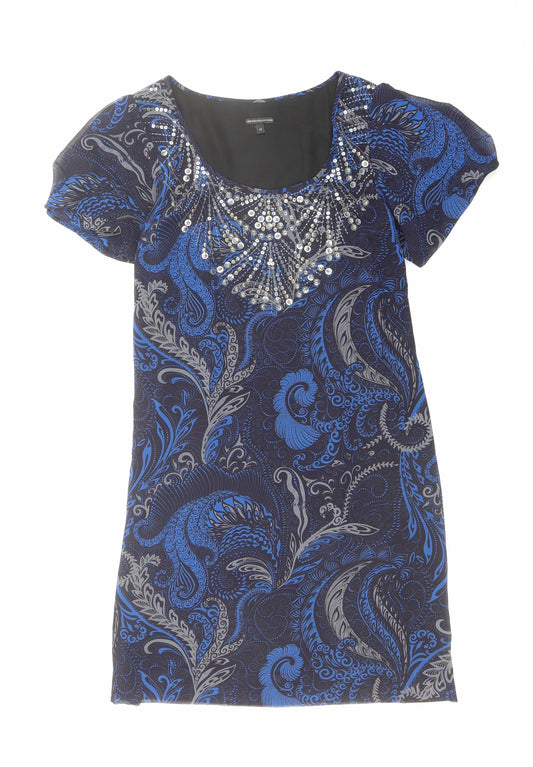 Marks and Spencer Womens Blue Geometric Polyester A-Line Size 10 Round Neck Zip - Sequin Detail