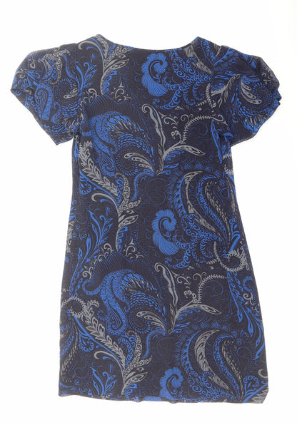 Marks and Spencer Womens Blue Geometric Polyester A-Line Size 10 Round Neck Zip - Sequin Detail