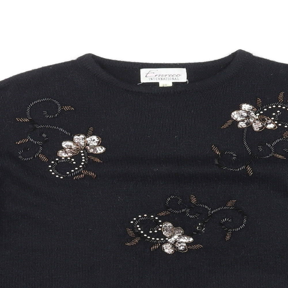 Emerica Womens Black Round Neck Acrylic Pullover Jumper Size 6 - Embellished design on front