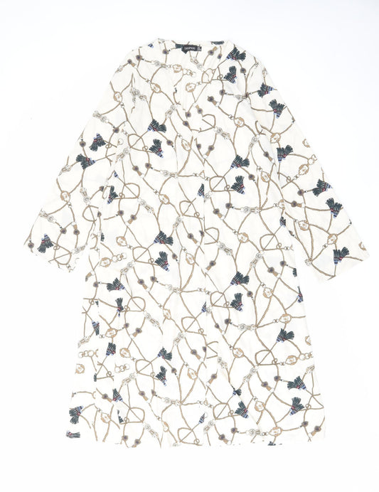 Boohoo Womens Ivory Geometric Polyester Sheath Size 10 V-Neck Button