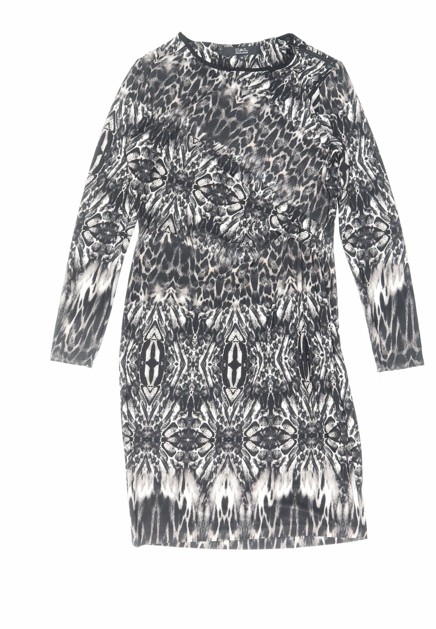 Debenhams Womens Black Animal Print Viscose Bodycon Size 14 Boat Neck Zip - Zip