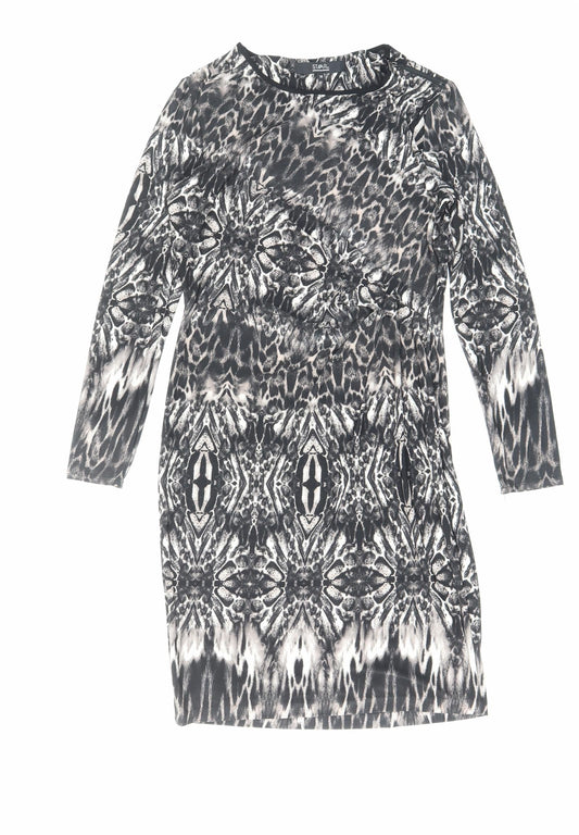 Debenhams Womens Black Animal Print Viscose Bodycon Size 14 Boat Neck Zip - Zip