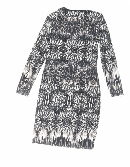 Debenhams Womens Black Animal Print Viscose Bodycon Size 14 Boat Neck Zip - Zip