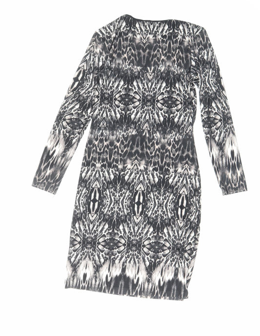 Debenhams Womens Black Animal Print Viscose Bodycon Size 14 Boat Neck Zip - Zip