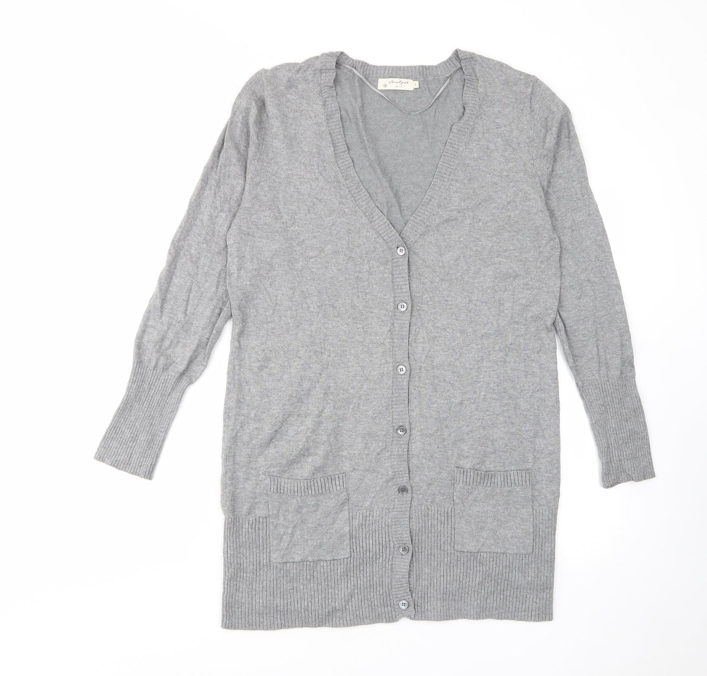Vackyoy Womens Grey V-Neck Viscose Cardigan Jumper Size L - Pockets