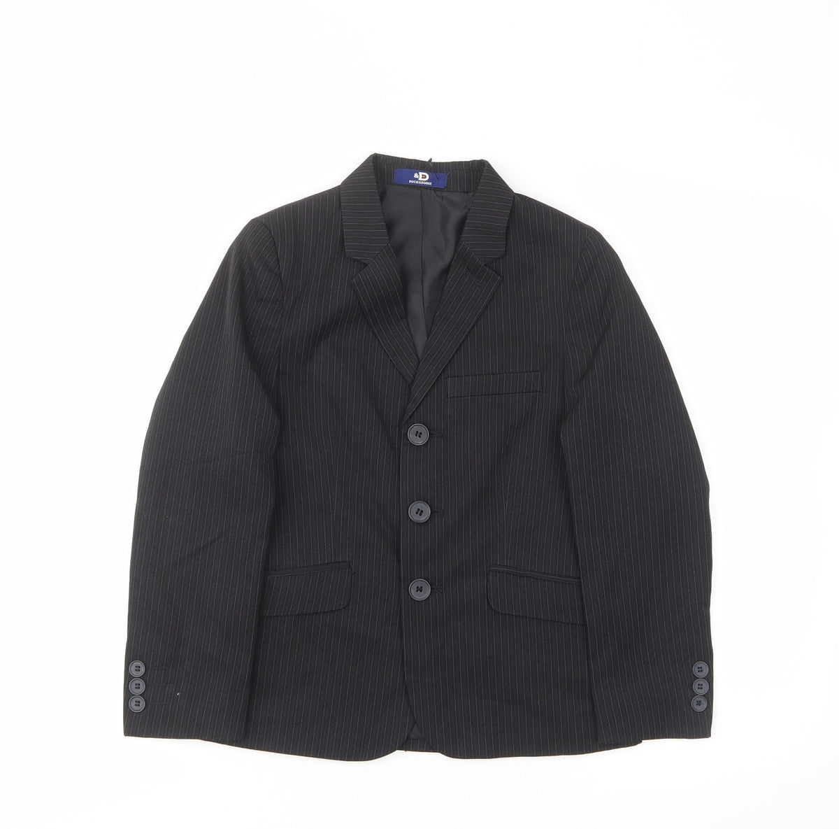 Additional front view of Duck and Cover boys’ grey striped jacket blazer, size 7, years button
