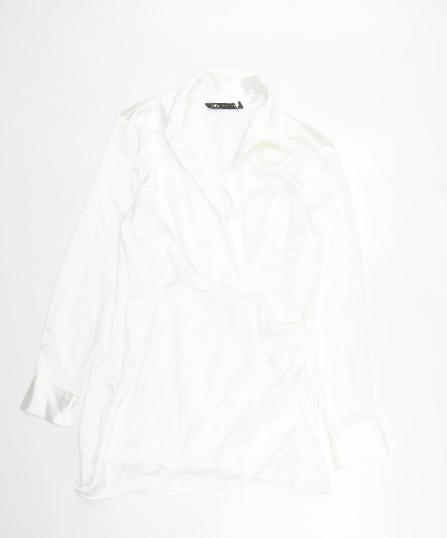 Zara Womens White Polyester Shirt Dress Size L Collared Zip