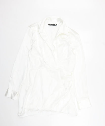 Zara Womens White Polyester Shirt Dress Size L Collared Zip