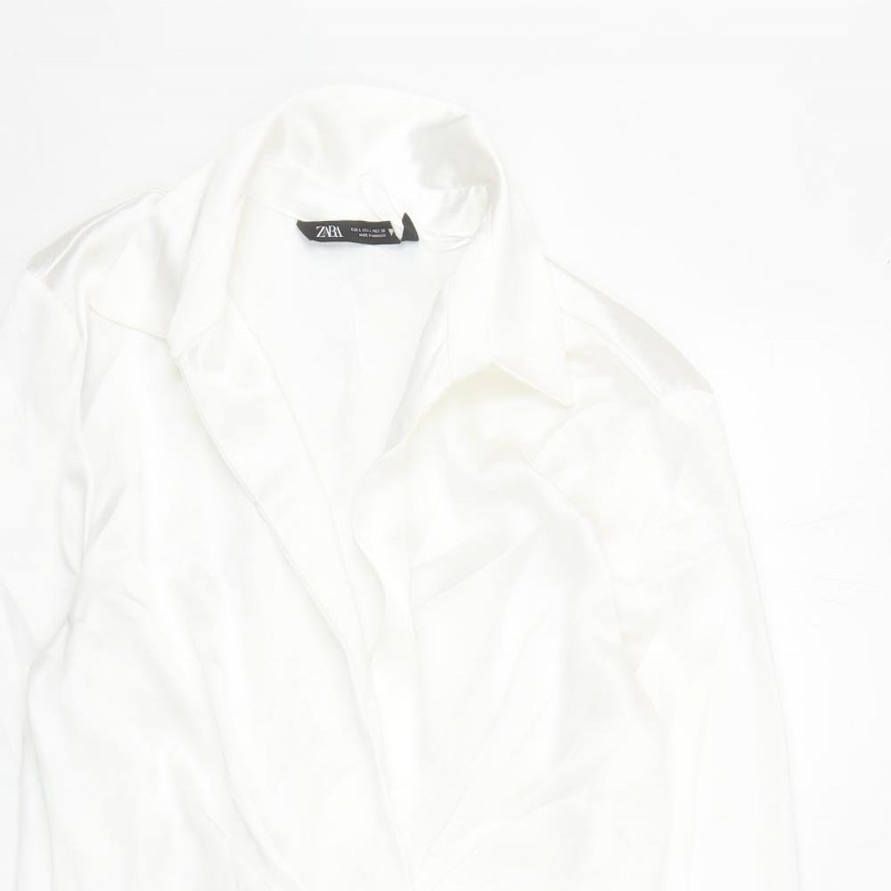 Zara Womens White Polyester Shirt Dress Size L Collared Zip