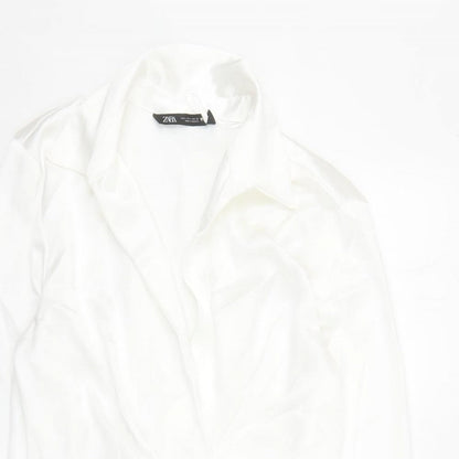 Zara Womens White Polyester Shirt Dress Size L Collared Zip