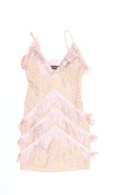 PRETTYLITTLETHING Womens Pink Polyester Bodycon Size 6 V-Neck Zip - Fringe detail
