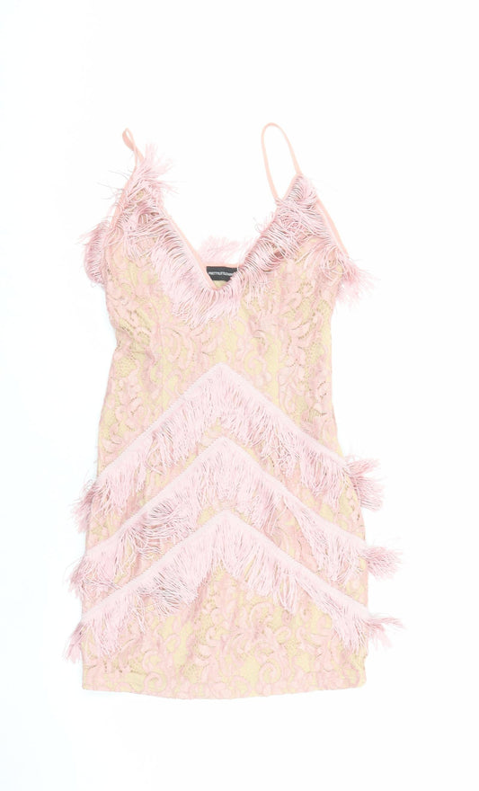 PRETTYLITTLETHING Womens Pink Polyester Bodycon Size 6 V-Neck Zip - Fringe detail