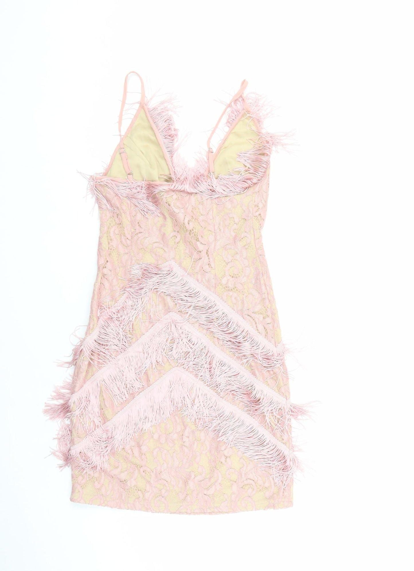 PRETTYLITTLETHING Womens Pink Polyester Bodycon Size 6 V-Neck Zip - Fringe detail