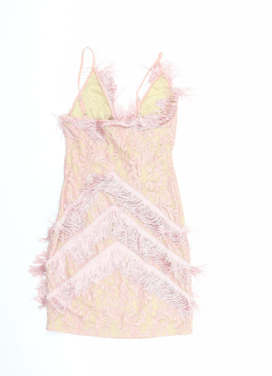 PRETTYLITTLETHING Womens Pink Polyester Bodycon Size 6 V-Neck Zip - Fringe detail