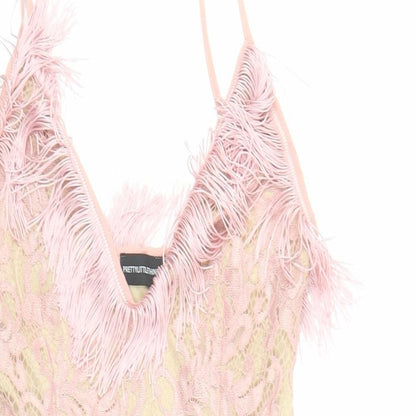 PRETTYLITTLETHING Womens Pink Polyester Bodycon Size 6 V-Neck Zip - Fringe detail