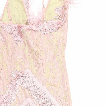 PRETTYLITTLETHING Womens Pink Polyester Bodycon Size 6 V-Neck Zip - Fringe detail