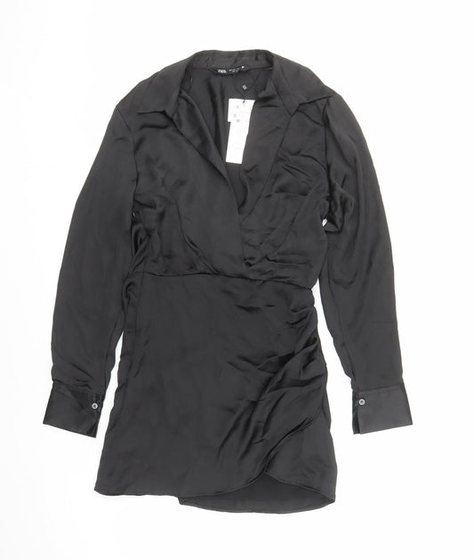 Zara Womens Black Polyester A-Line Size S Collared Zip
