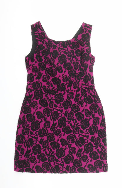 Pepperberry Womens Purple Floral Polyester Shift Size 14 Round Neck Zip