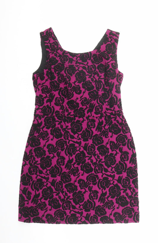 Pepperberry Womens Purple Floral Polyester Shift Size 14 Round Neck Zip