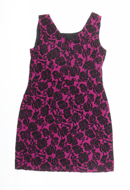 Pepperberry Womens Purple Floral Polyester Shift Size 14 Round Neck Zip