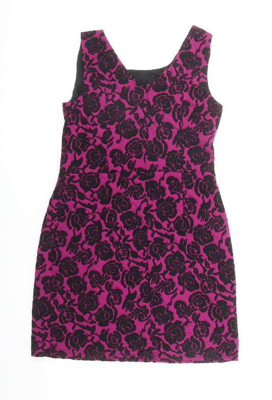 Pepperberry Womens Purple Floral Polyester Shift Size 14 Round Neck Zip