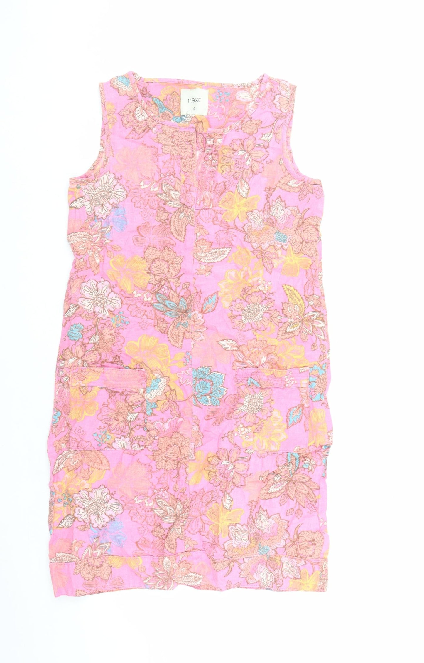 NEXT Womens Pink Floral Linen A-Line Size 8 V-Neck Pullover