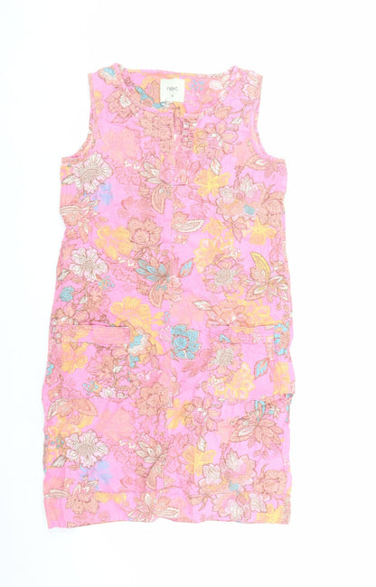 NEXT Womens Pink Floral Linen A-Line Size 8 V-Neck Pullover