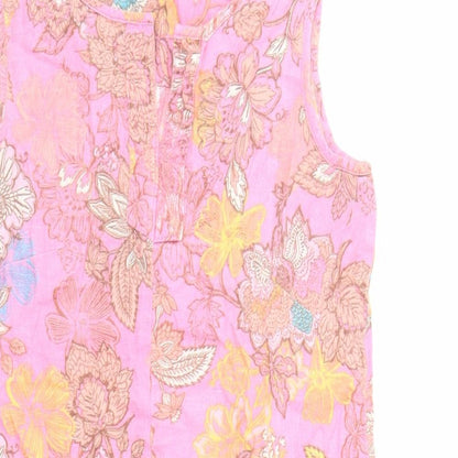 NEXT Womens Pink Floral Linen A-Line Size 8 V-Neck Pullover