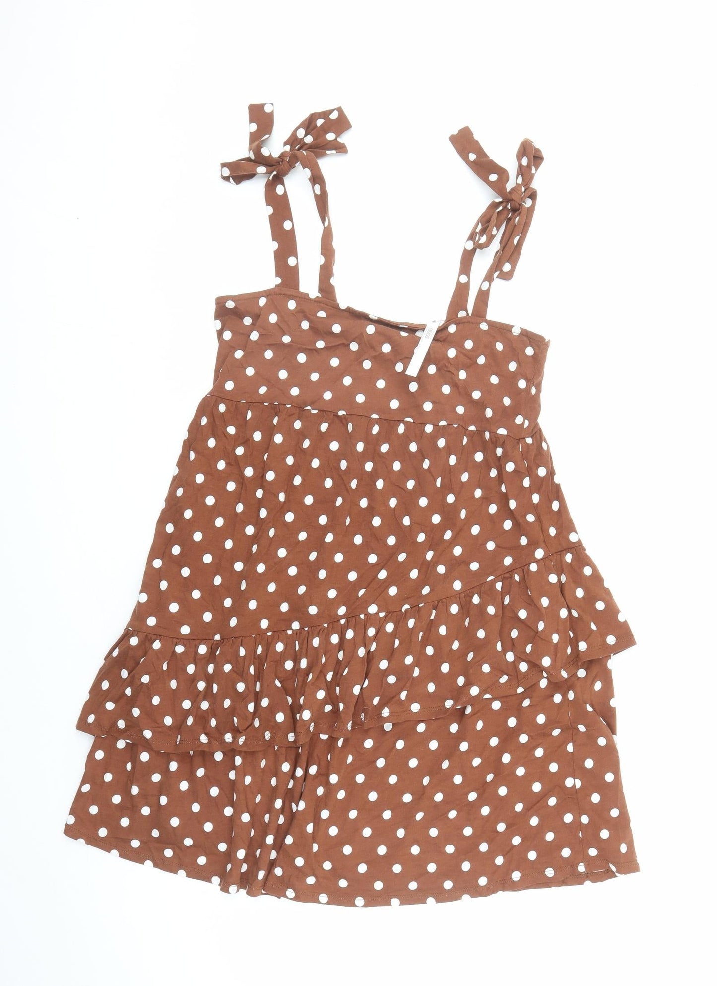 ASOS Womens Brown Polka Dot Cotton Tank Dress Size 10 Square Neck Tie