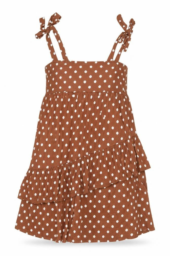 Front view of ASOS women’s brown polka dot cotton tank dress, size UK 10, square neck tie