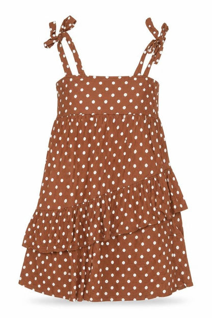 Front view of ASOS women’s brown polka dot cotton tank dress, size UK 10, square neck tie