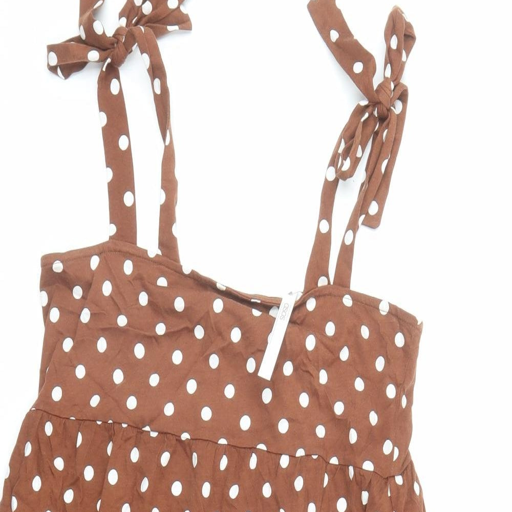 ASOS Womens Brown Polka Dot Cotton Tank Dress Size 10 Square Neck Tie