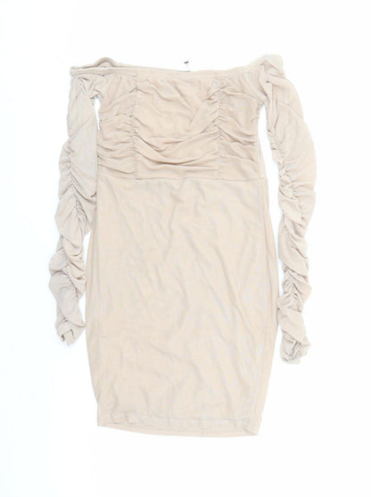 PRETTYLITTLETHING Womens Beige Polyester Bodycon Size 10 Off the Shoulder Pullover