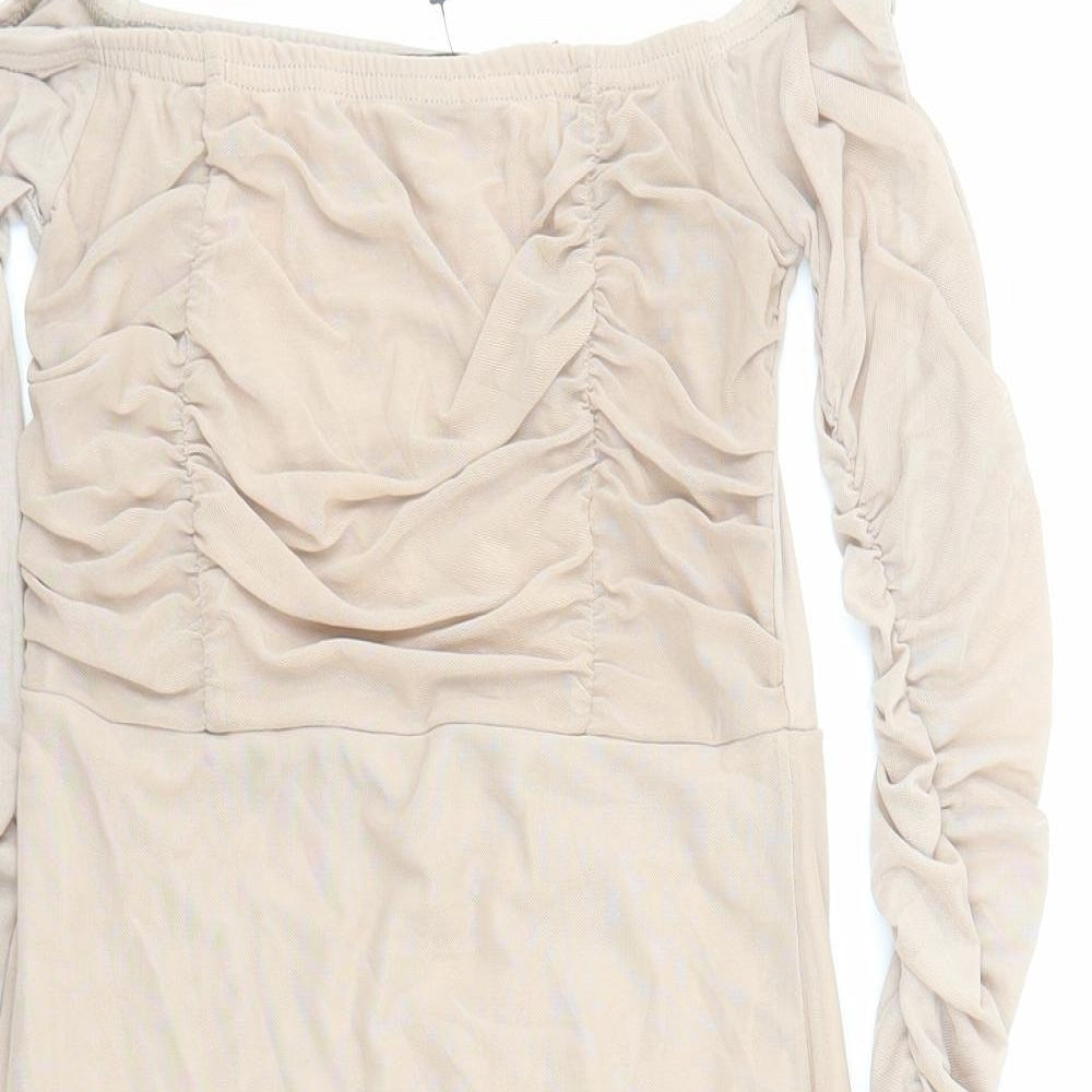 PRETTYLITTLETHING Womens Beige Polyester Bodycon Size 10 Off the Shoulder Pullover