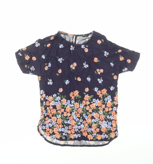 M&Co Womens Blue Floral Viscose Basic Blouse Size 8 Round Neck