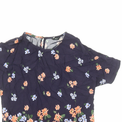 M&Co Womens Blue Floral Viscose Basic Blouse Size 8 Round Neck