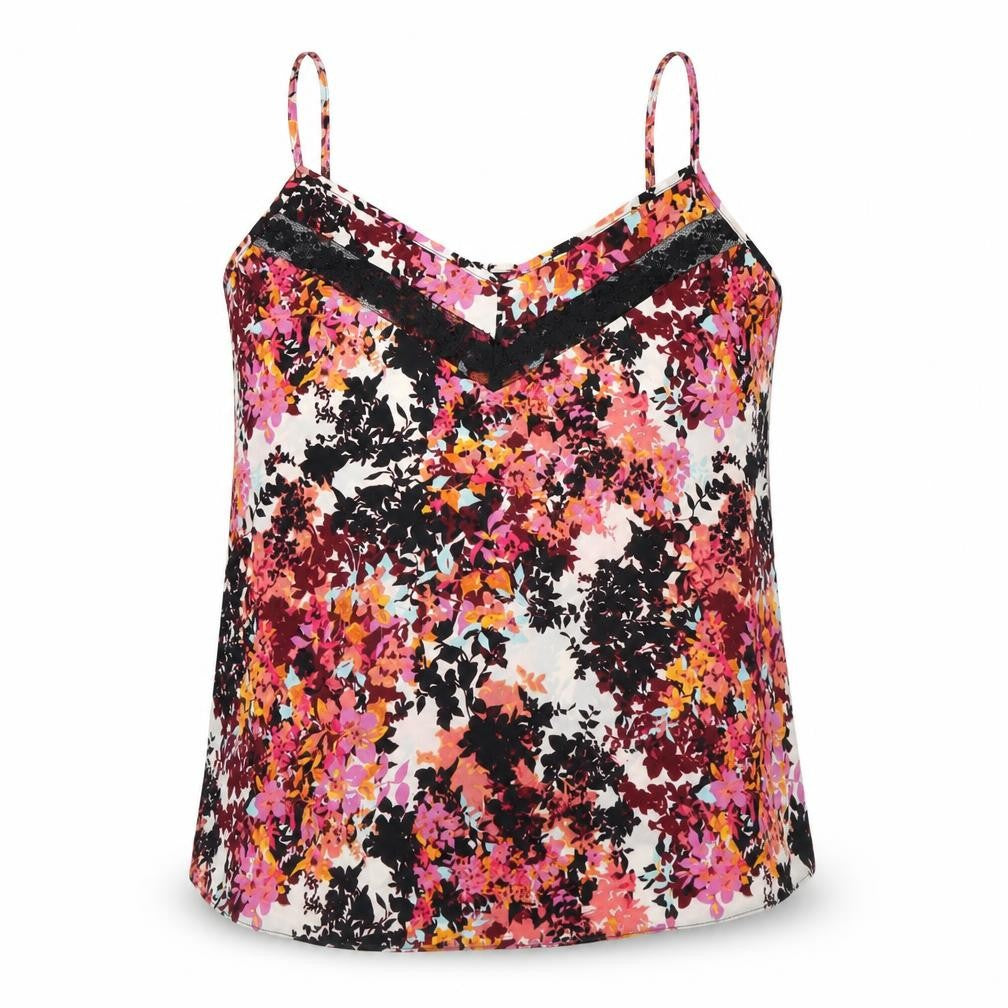 Front view of Miss Selfridge women’s multicoloured floral polyamide camisole blouse, size UK 12, v-neck - lace detail