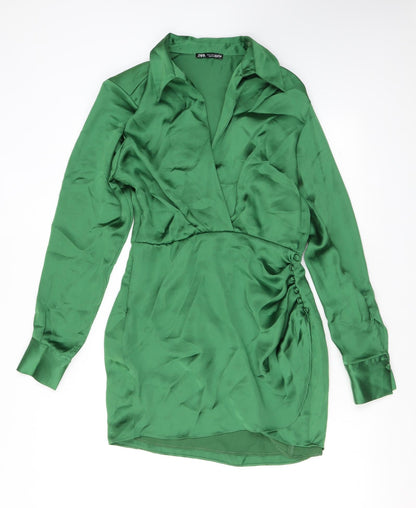 Zara Womens Green Polyester Shirt Dress Size S Collared Pullover