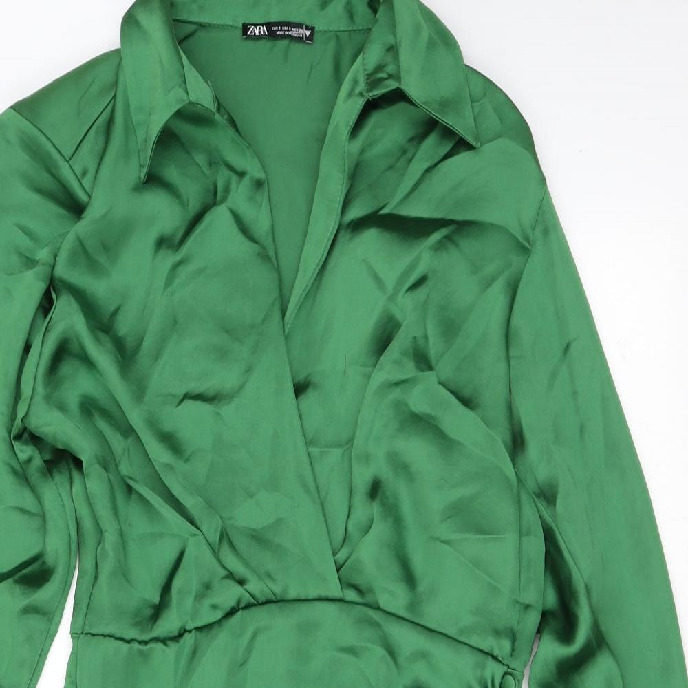 Zara Womens Green Polyester Shirt Dress Size S Collared Pullover