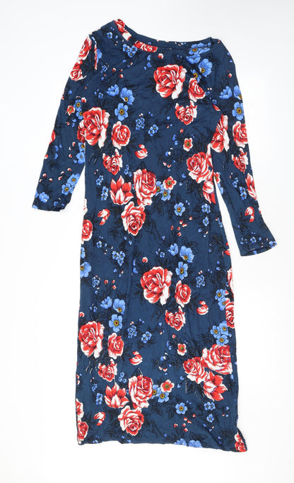 Ruby Rocks Womens Blue Floral Viscose Sheath Size 14 Round Neck Pullover