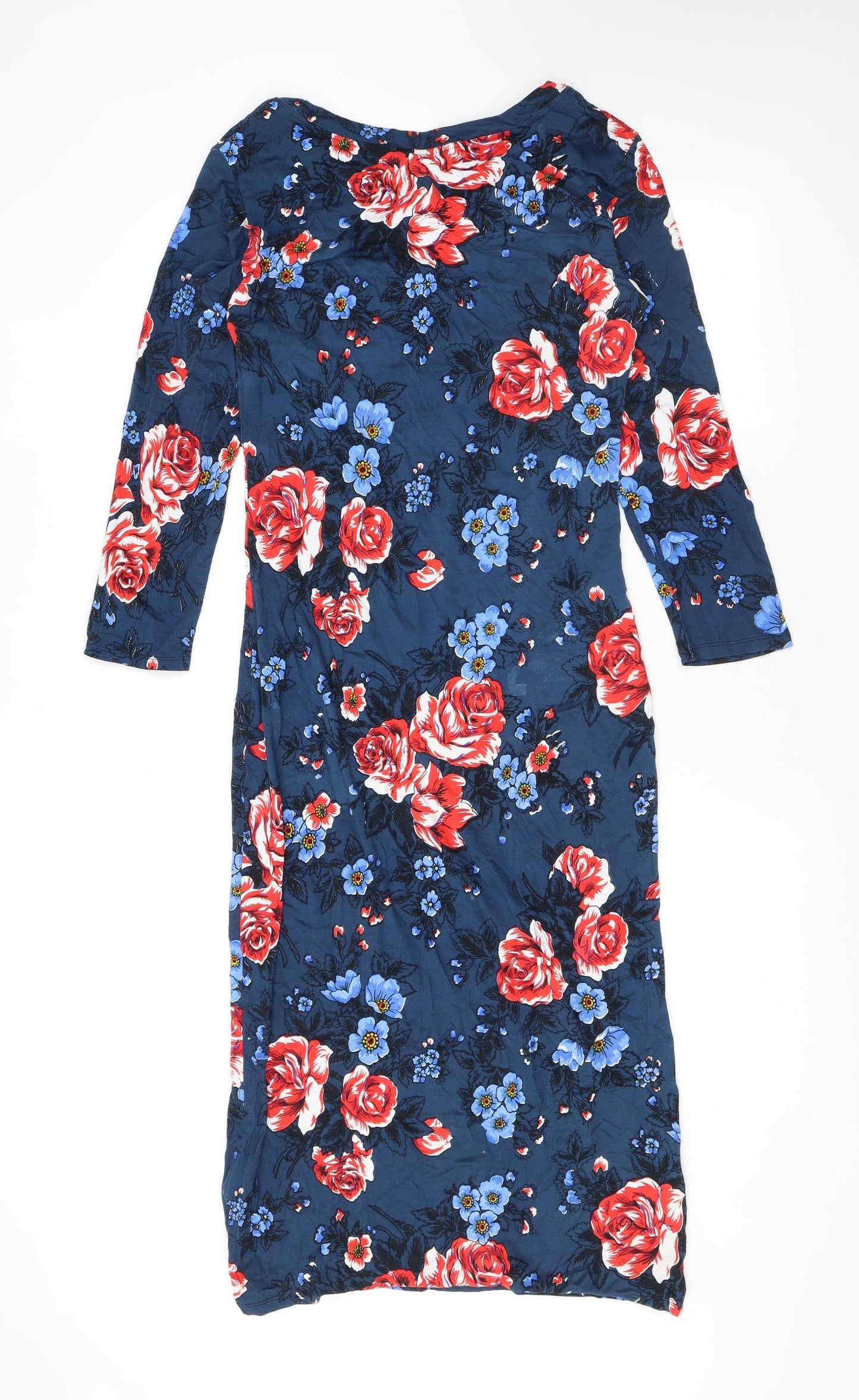 Ruby Rocks Womens Blue Floral Viscose Sheath Size 14 Round Neck Pullover