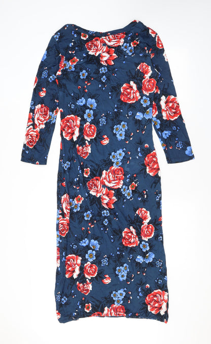 Ruby Rocks Womens Blue Floral Viscose Sheath Size 14 Round Neck Pullover
