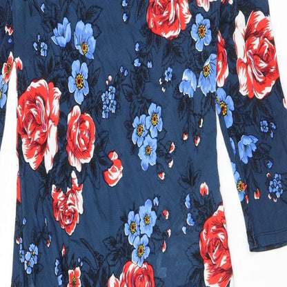 Ruby Rocks Womens Blue Floral Viscose Sheath Size 14 Round Neck Pullover