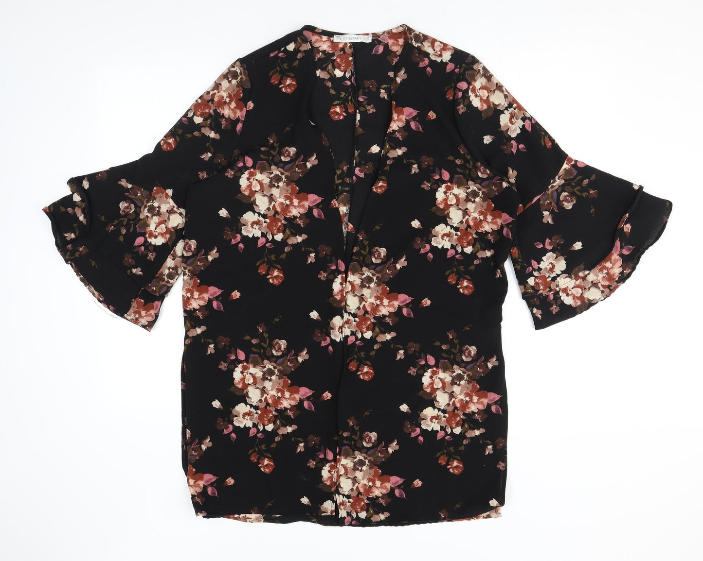Style Therapy Womens Black Floral Polyester Kimono Blouse Size M V-Neck - Flared Sleeve