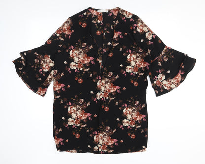 Style Therapy Womens Black Floral Polyester Kimono Blouse Size M V-Neck - Flared Sleeve