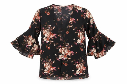 Style Therapy Womens Black Floral Polyester Kimono Blouse Size M V-Neck - Flared Sleeve