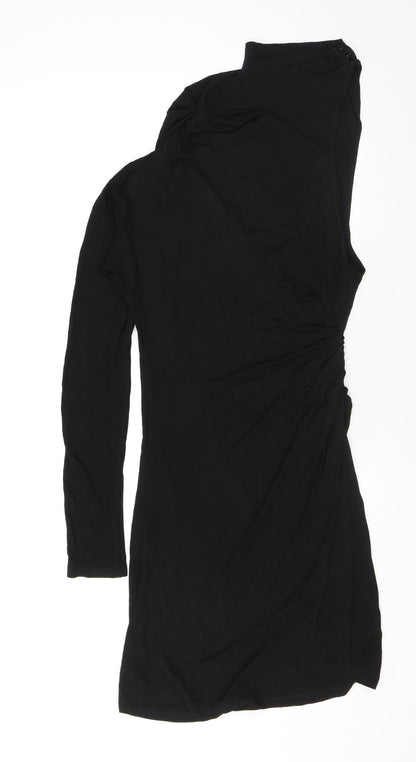 Zara Womens Black Viscose Bodycon Size L Mock Neck Snap - One shoulder