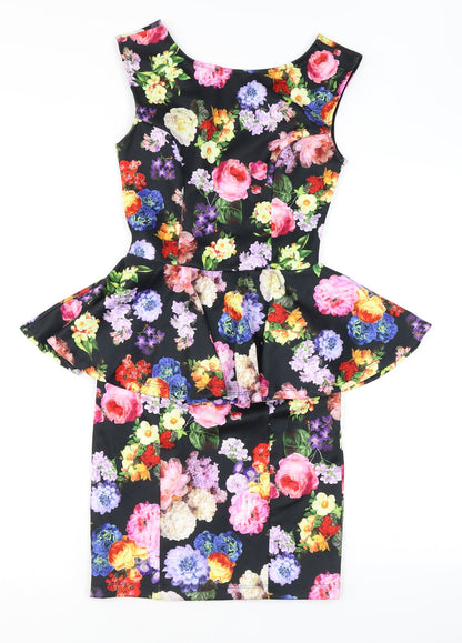 Topshop Womens Black Floral Polyester Bodycon Size 8 Round Neck Zip - Peplum