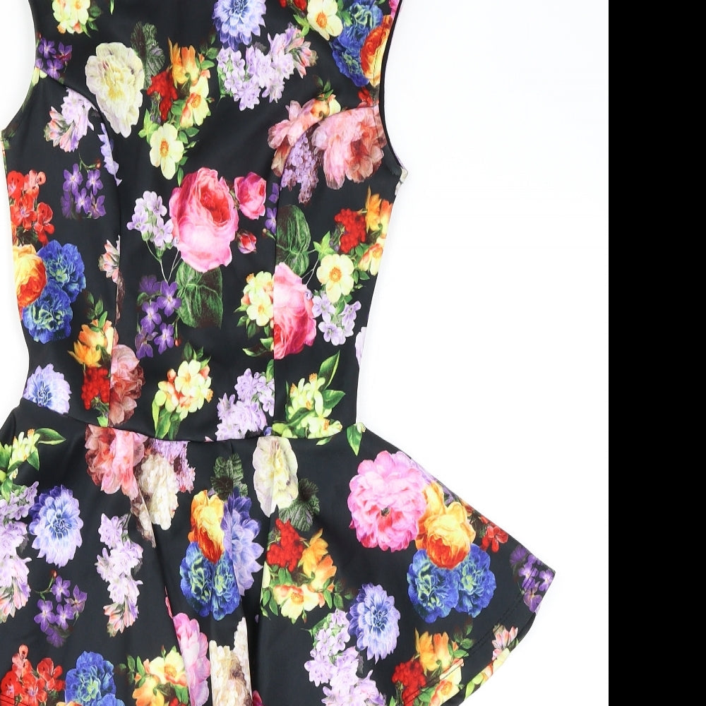 Topshop Womens Black Floral Polyester Bodycon Size 8 Round Neck Zip - Peplum